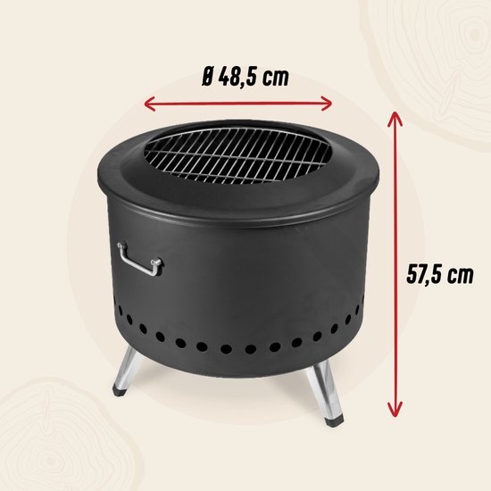 Zwarte Livin' vuurkorf met grillrooster, op poten. Diameter 48,5 cm, hoogte 57,5 cm.