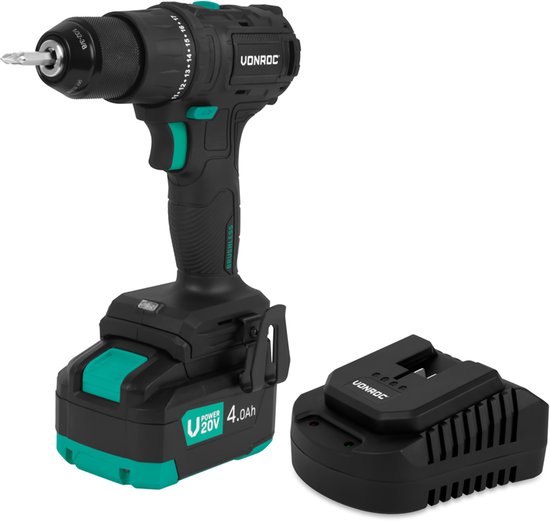 VONROC PRO Accuboormachine 20V – 40 Nm – Brushless motor - 17 schroefstanden + boorstand - Incl. 2 bits - Incl. 4.0Ah Accu en snellader