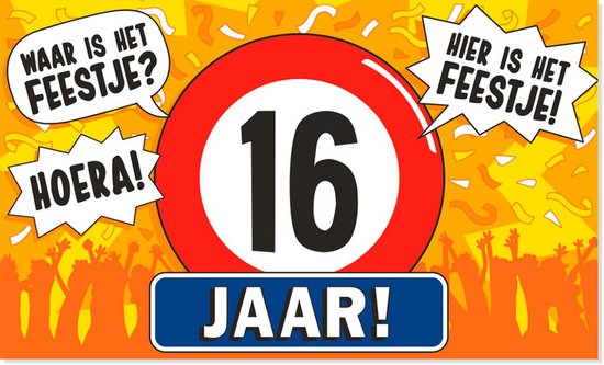 Vrolijk geel feestdesign met oranje gloed, een rode cirkel met '16' erin en tekstballonnen.