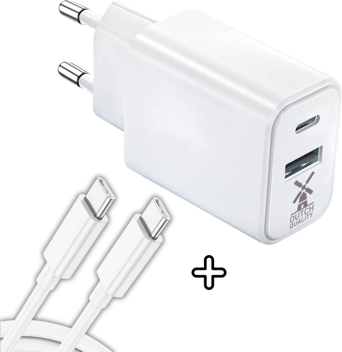 Dutch Quality® USB C Adapter - Oplader - Snellader Stekker - 20W - Geschikt voor smartphones, tablets, headphones, speakers, e-readers - Oplaadblok USB -Wit- inclusief oplader kabel 1 meter van USB-C naar USB-C