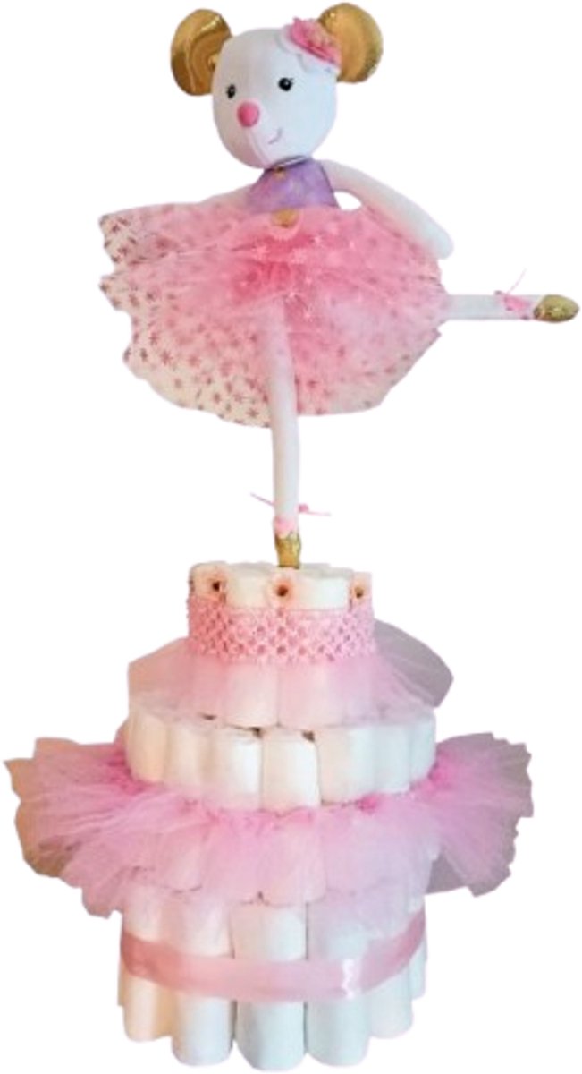 Roze Luiertaart met Ballerina – Handgemaakt Geboortecadeau voor Meisje – Unieke Babyshower Decoratie