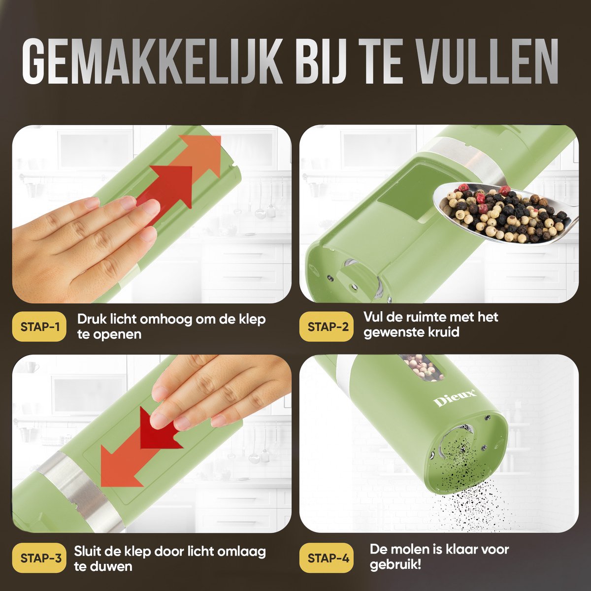 Dieux - Elektrisch Peper en Zoutmolen set - Groen - Pepermolen - Zoutmolen - 2 stuks - Instelbare maalgraad - Hervulbaar - Barbecue - BBQ accesoires - Luxe kwaliteit - Kruidenmolen — cadeau in Kookcadeaus - foto 4