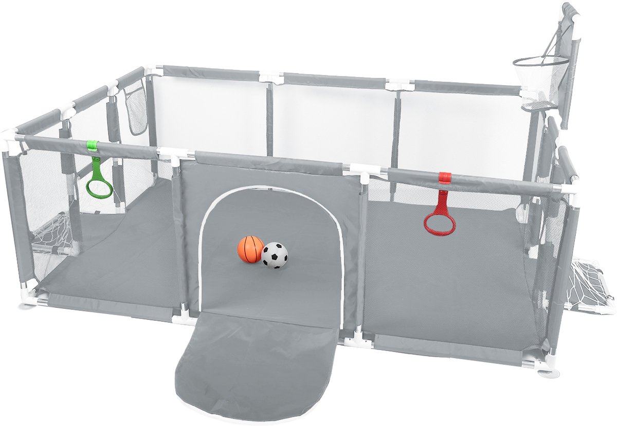 PIPIPOXER-Grondbox - Baby Speelbox met voetbal en basketbal - Antislip bodem -180*120 cm-Donkergrijs