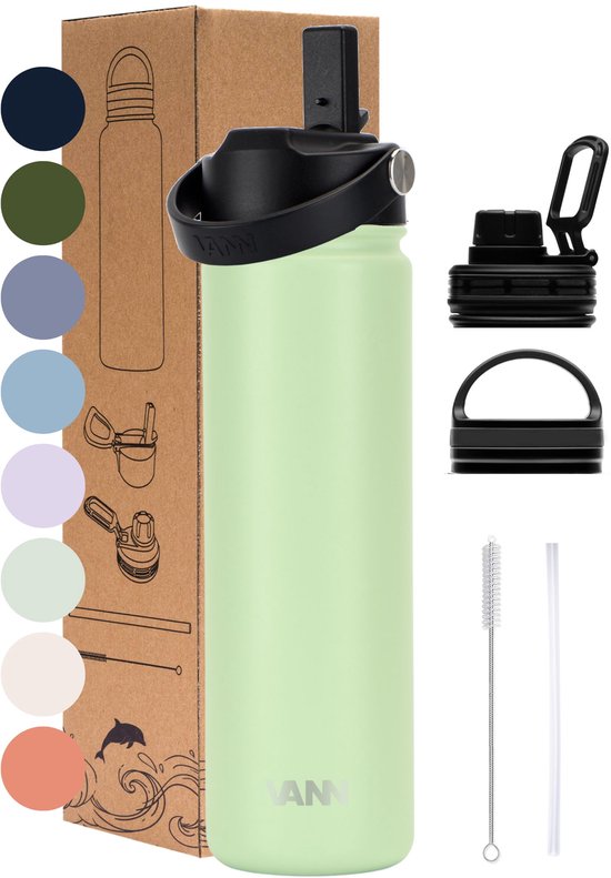 VANN® 3-Wandige Drinkfles 650ML met rietje voor volwassenen – Met 5 accessoires – Bidon RVS – 24 uur koud/12 uur warm – Mint – Ultimate Bottle™