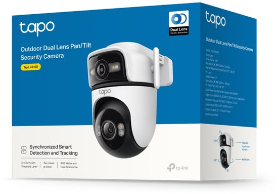 Verpakking van de Tapo C545D outdoor dual lens beveiligingscamera, met productfoto en specificaties.