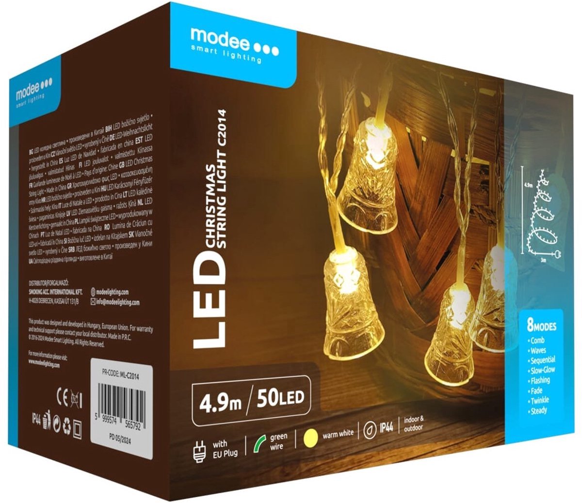 Modee Lichtsnoer Kerstklokjes 4.9 Meter - Kerstverlichting voor Buiten en Binnen - 50 LED Lampjes 8 Lichtstanden - IP44 - 2700K - Warm Wit Licht - 3 stuks