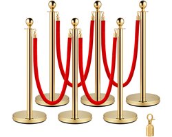 Vevor Stainless Steel Stanchion Post Queue 6PCS Pole w/ 4 Red Velvet Ropes, Crowd Control Barriers w/Fillable Base for for crowd control in theaters, hotels, casinos, red carpet events, ticket offices, and more,(6 Pieces, Silver)