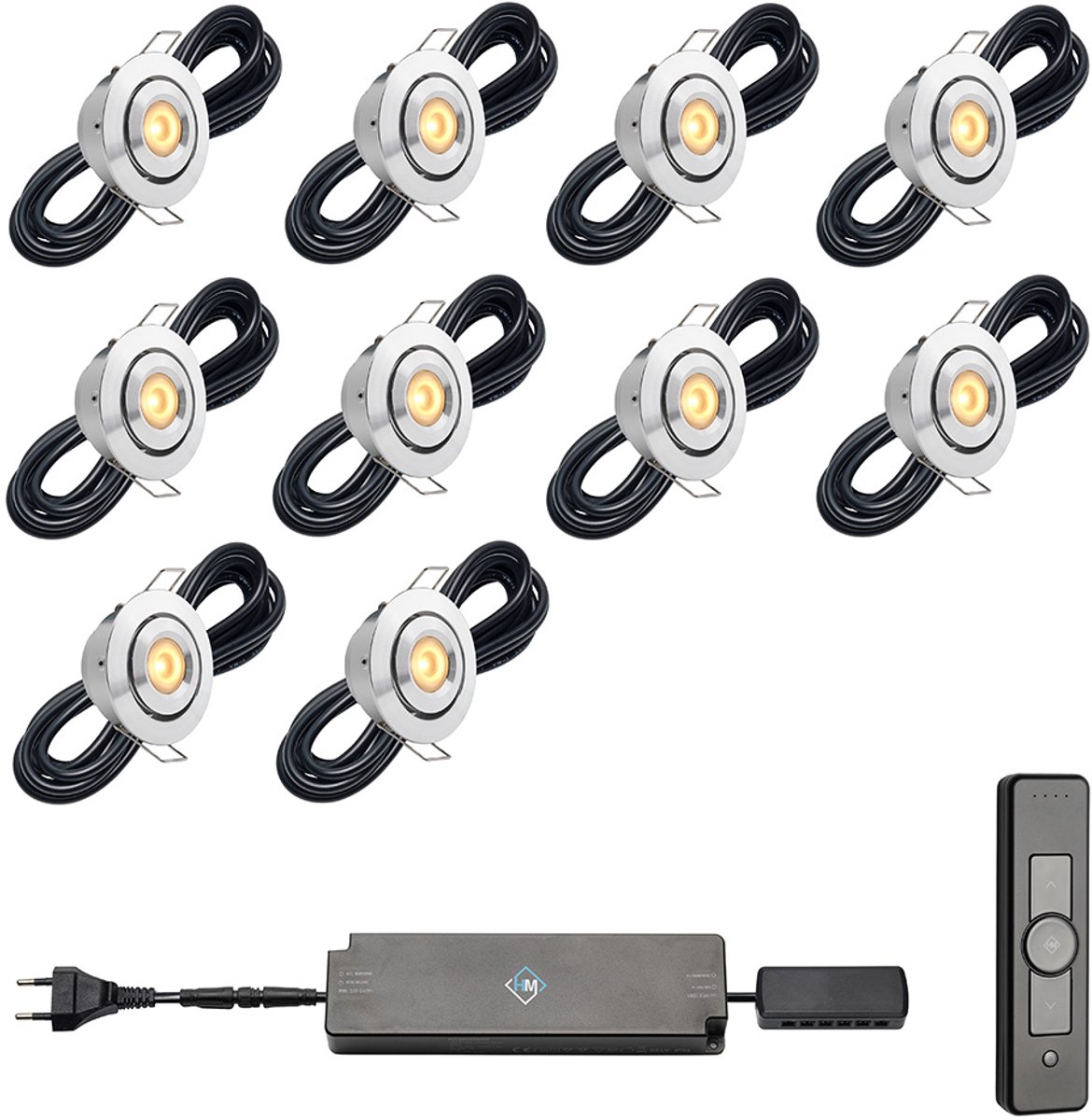 LED veranda inbouwspots Toledo ab inclusief trafo en afstandsbediening - 3W / dimbaar / kantelbaar / inbouwspot / terrasoverkapping / overkapping / serre / carport / warm wit / rond / 230V / IP44 / set van 10 stuks