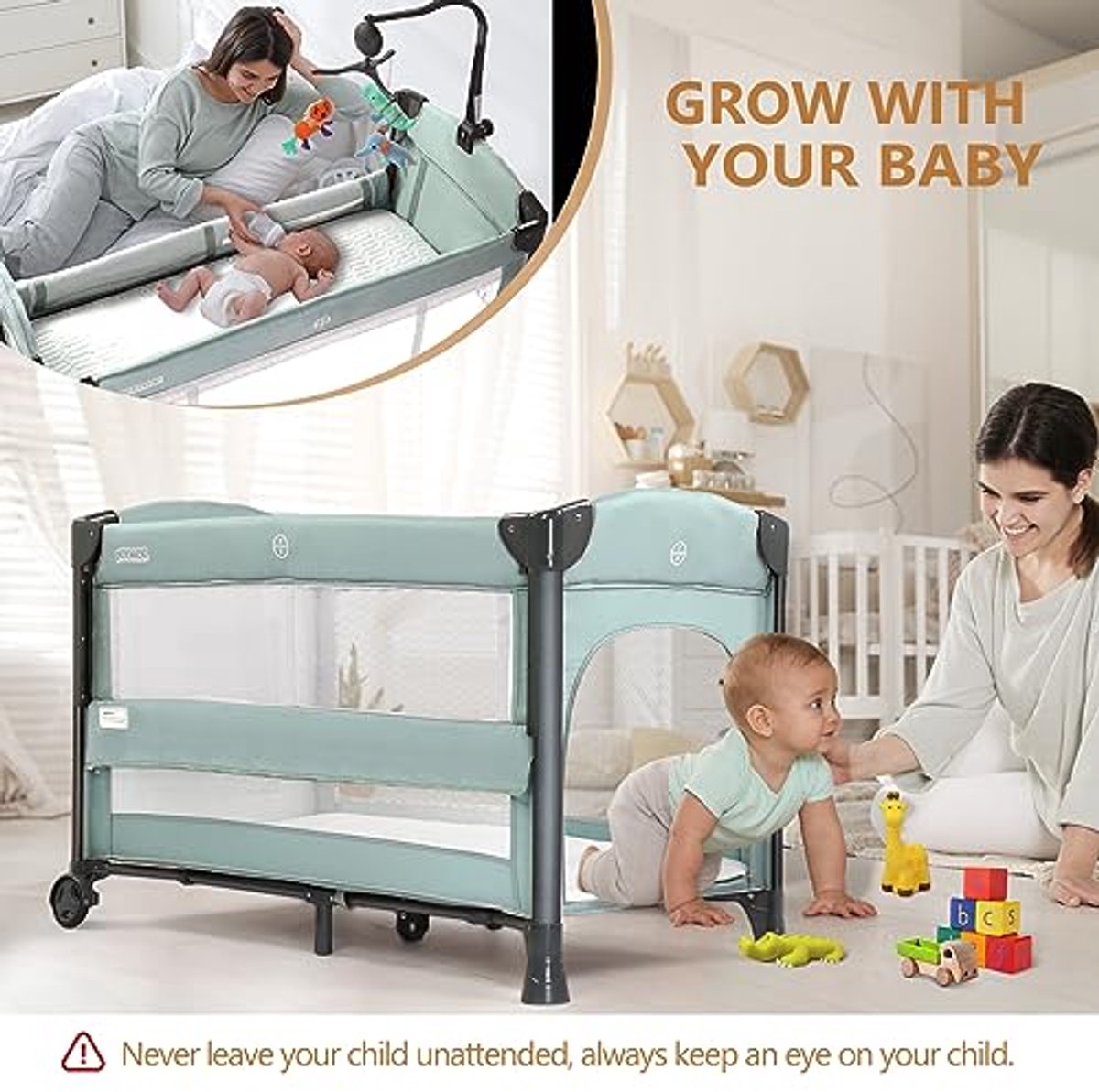 3 in 1 Baby Bedside Wieg – Draagbare Zijslaper met Matras, Speelbed en Opvouwbare Reiswieg thumbnail 3