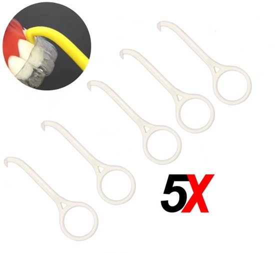 Vijf witte aligner removers, met een demonstratie van gebruik op een gebitsmodel.