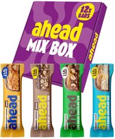 Ahead Mix Box met vier suikerarme chocoladerepen: Salted Peanut Caramel, Crunchy Nougat, Hazelnut Cacao en Coconut Almond.