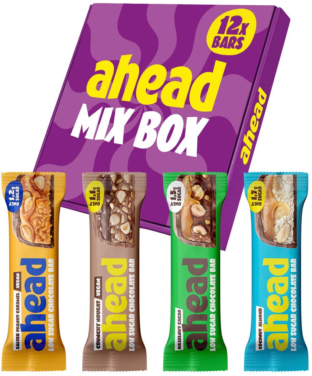 ahead Chocolate Bar – Suikerarme Chocoladereep – Doos – Low Sugar, Low Carb – Max. 2,1g Suiker per Reep