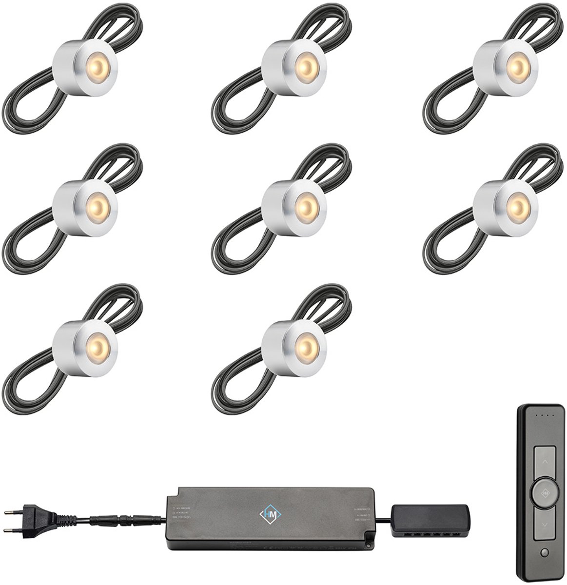LED veranda opbouwspots Gomera ab inclusief trafo en afstandsbediening - 3W / dimbaar / opbouwspot / terrasoverkapping / overkapping / serre / carport / warm wit / rond / 230V / IP44 / set van 8 stuks