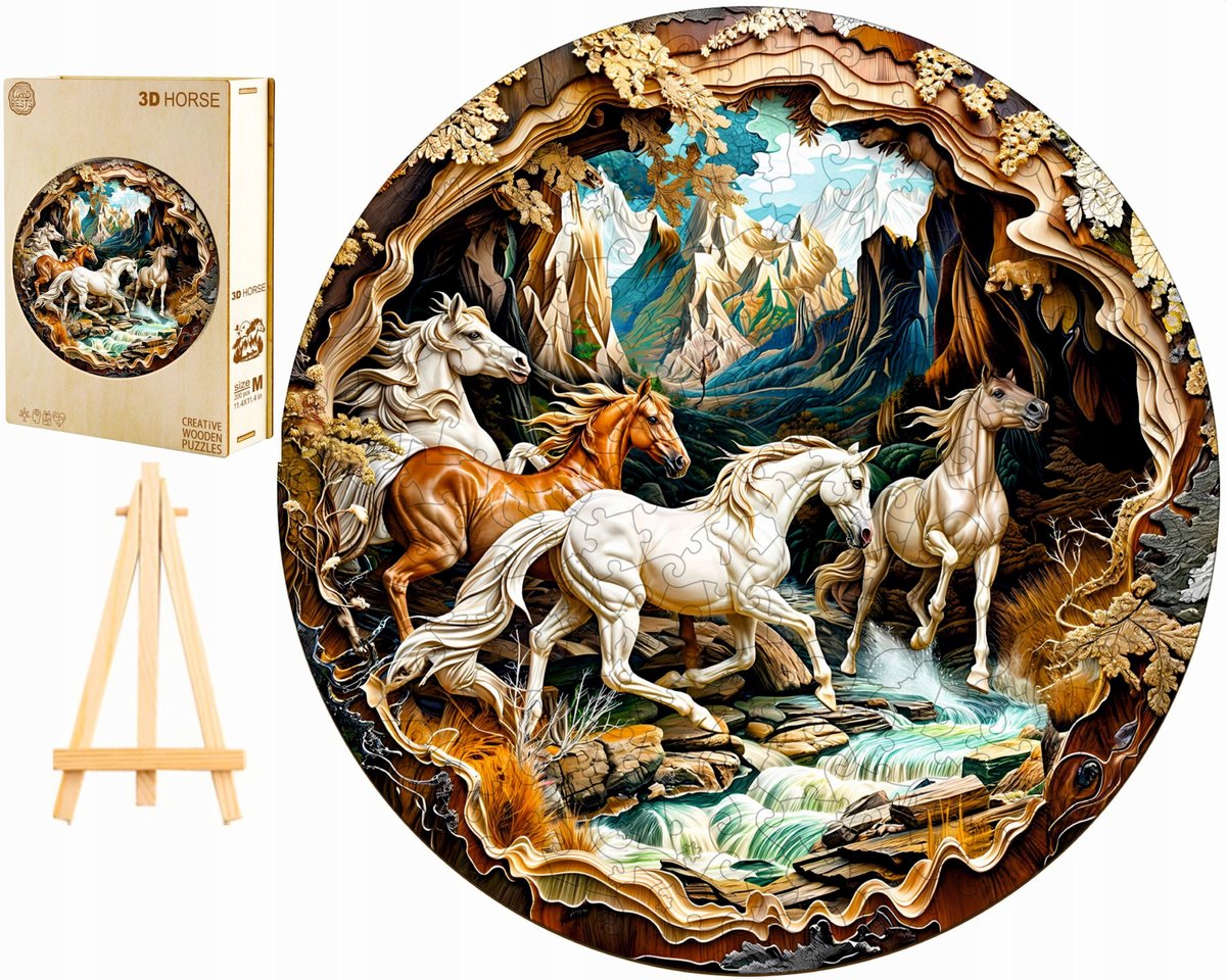 Houten Puzzel 300 Stukjes Galopperende Paarden 3D met Houten Doos