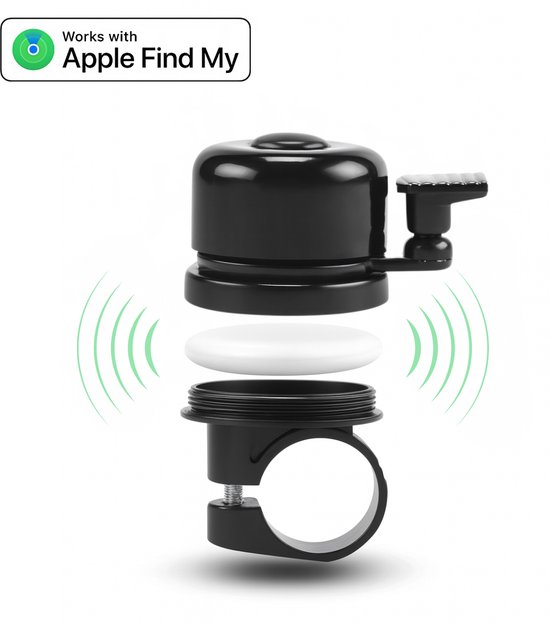 Fynda - Fiets tracker - Fietsbel inclusief tracker - MFi gecertificeerd - Onbeperkte lokalisering - Met geluidssignaal - Waterdicht - Zwart - Geschikt voor Apple Find My