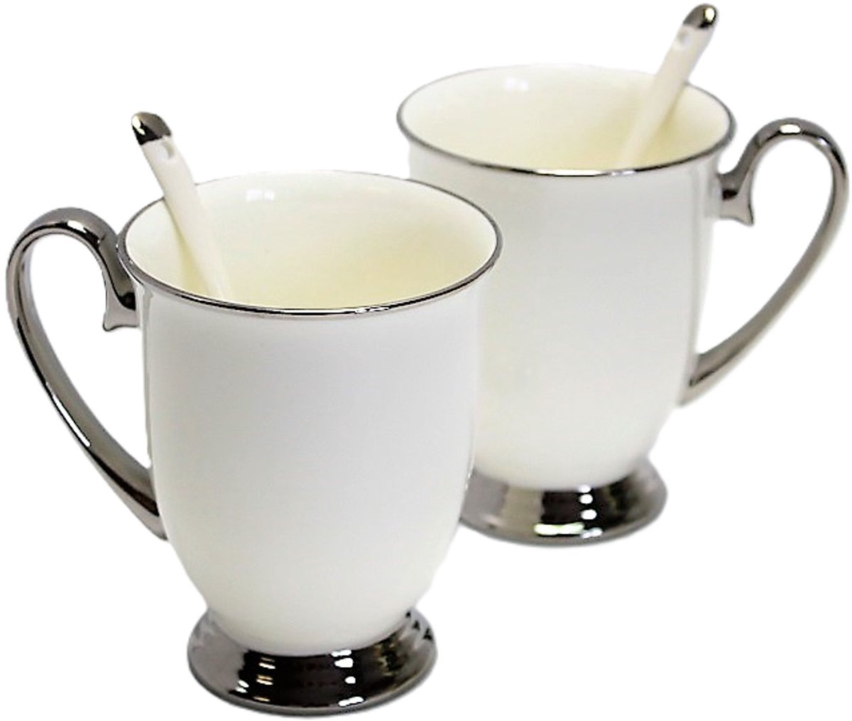 Queen Isabell - Set van 2 porseleinen mokken 300ml met lepels - Wit