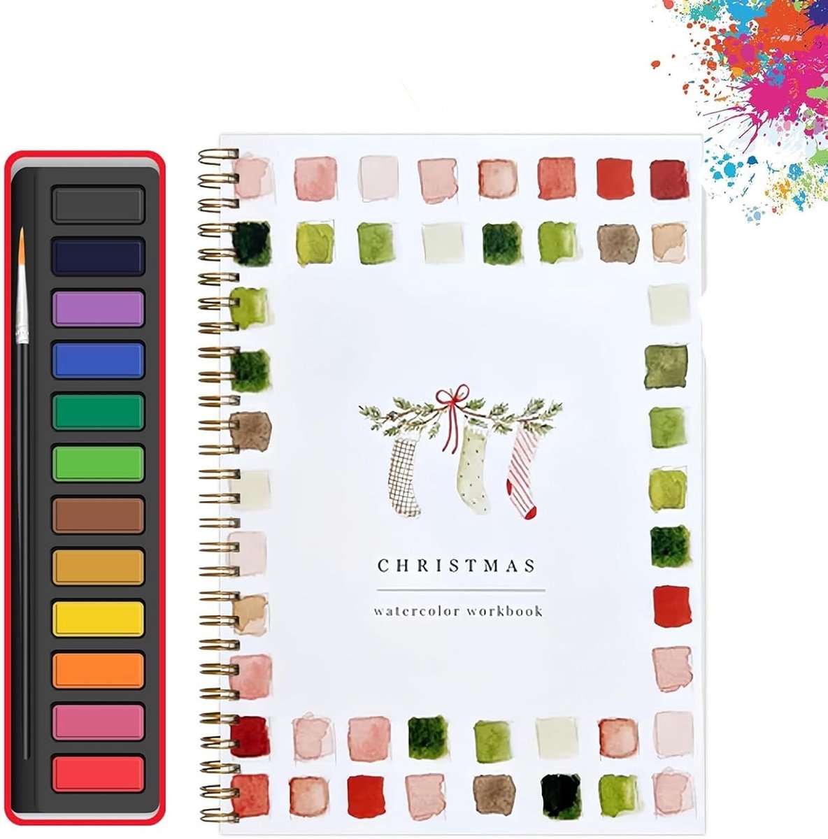 Cahier D'exercices Aquarelle Noël - 21x17x1.3 Cm, Motifs Festifs, Kit Inclus - Loisir Créatif, Anti-stress, Pour Adultes Et Ados