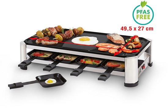 FRITEL Raclette Grill RG 2170 - Elektrische tafelgrill / Gourmetstel /Teppanyaki - 1500W - 49,5x27cm - 2 tot 8 Pers. - PFAS-vrij + 8 Raclettepannetjes & Spatels