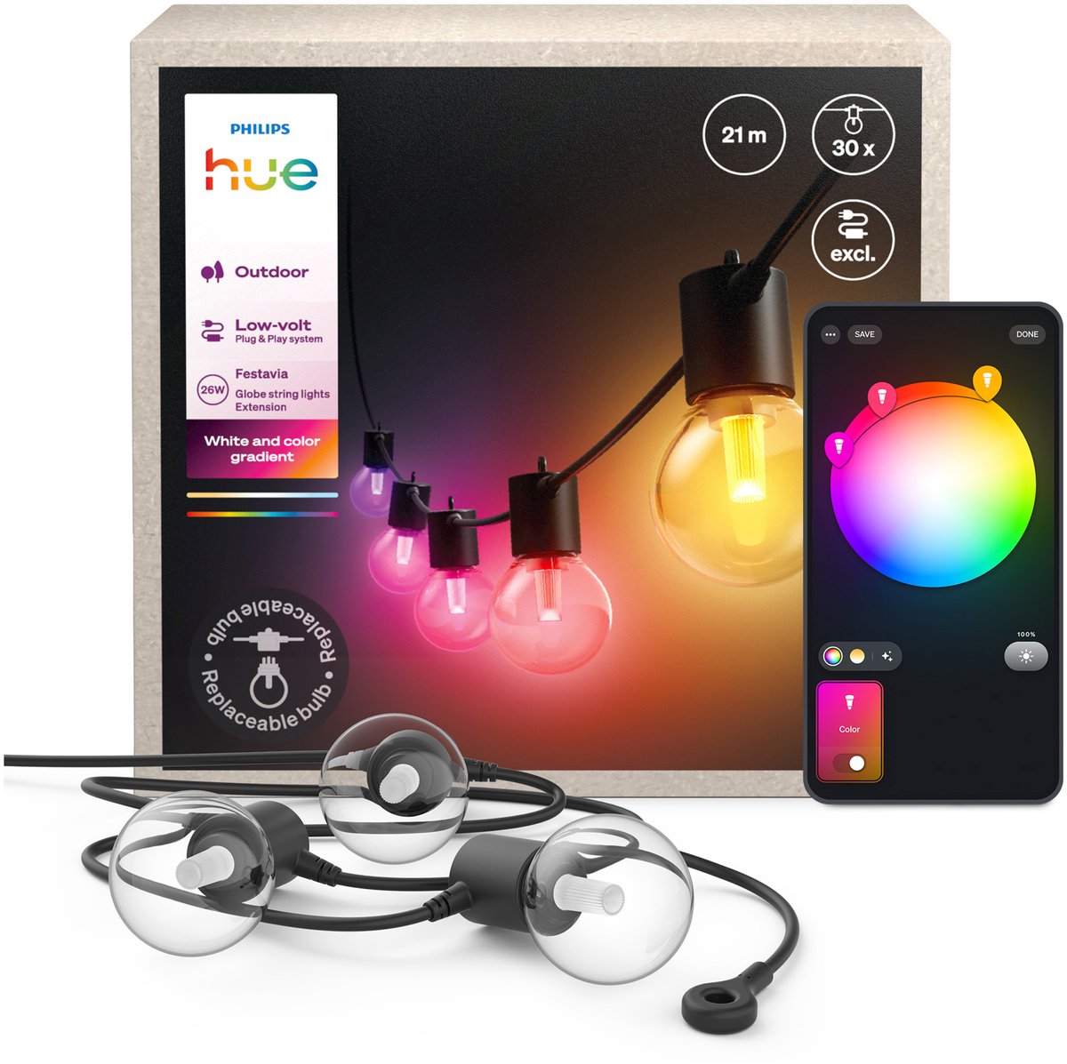 Philips Hue Festavia outdoor lichtsnoer met globe-lampen – 14 meter – 20 lampen - uitbreiding — afbeelding 1