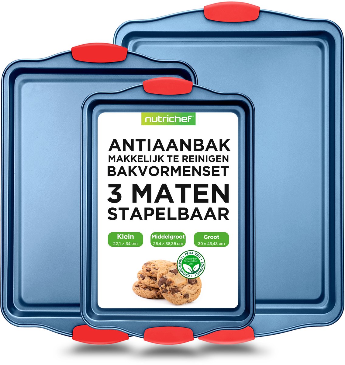 NutriChef Bakvorm 3-delige set , Antiaanbak Bakvormen set - PFOA-, PFOS-, PTFE-vrij Koolstofstaal Bakblikken met Hittebestendige Siliconen Handgrepen- Ovenbestendig tot 230°C