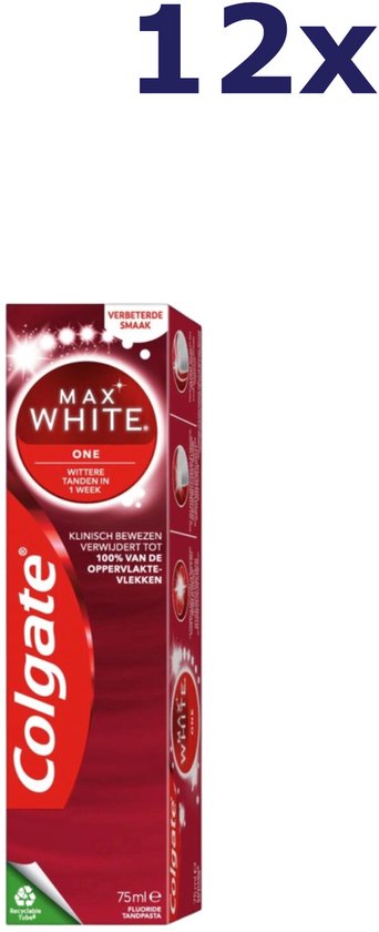 Dentifrice Colgate Max White One, lot de 12 tubes de 75 ml. Goût amélioré et élimine les taches.