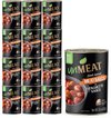 Stapel UnMEAT plant-based meatballs in tomatensaus, 15 oz blikken, naast één blik.