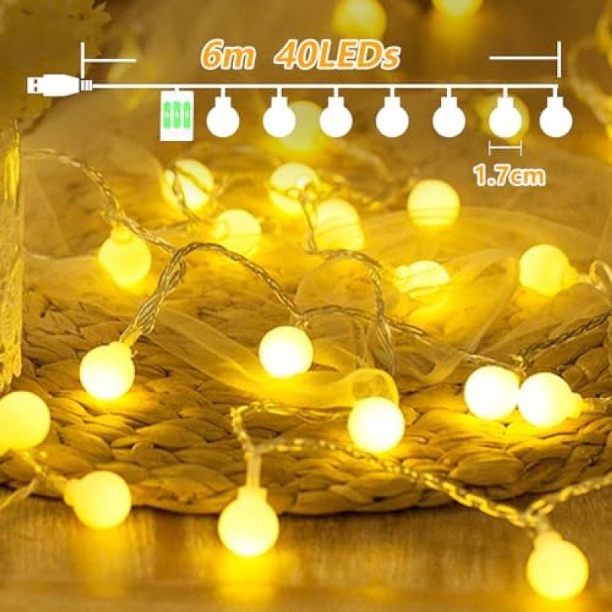 LED Lichtsnoer Binnen 6 Meter 40 Lampjes Warm Wit Lichtketting USB en