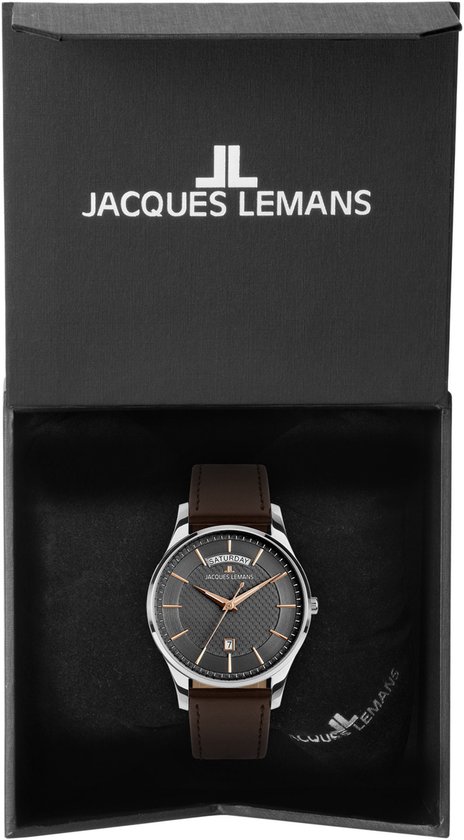 Jacques Lemans horloge met donkergrijze wijzerplaat, gouden accenten en bruine lederen band, in open geschenkdoos.
