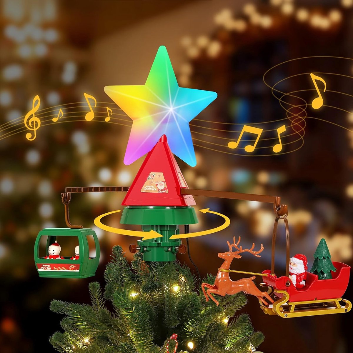 Kerstboomversiering-Kerstboom piek-Kerstboom piek met verlichting-draaiende kerstboomtopper-Veelkleurige lichtgevende kerstster met muziek - geschikt voor kerstboomversiering – foto 4