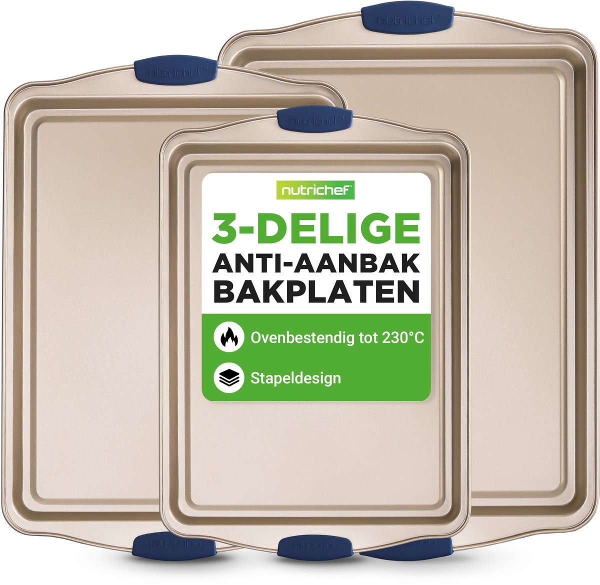 NutriChef 3-delige anti-aanbak bakplaat – Premium Oven bakplaten van koolstofstaal met blauwe siliconen handgrepen