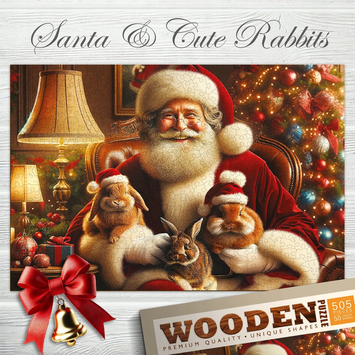 Houten Kerstpuzzel 505 Stukjes: Kerstman & Konijntjes met Figuren