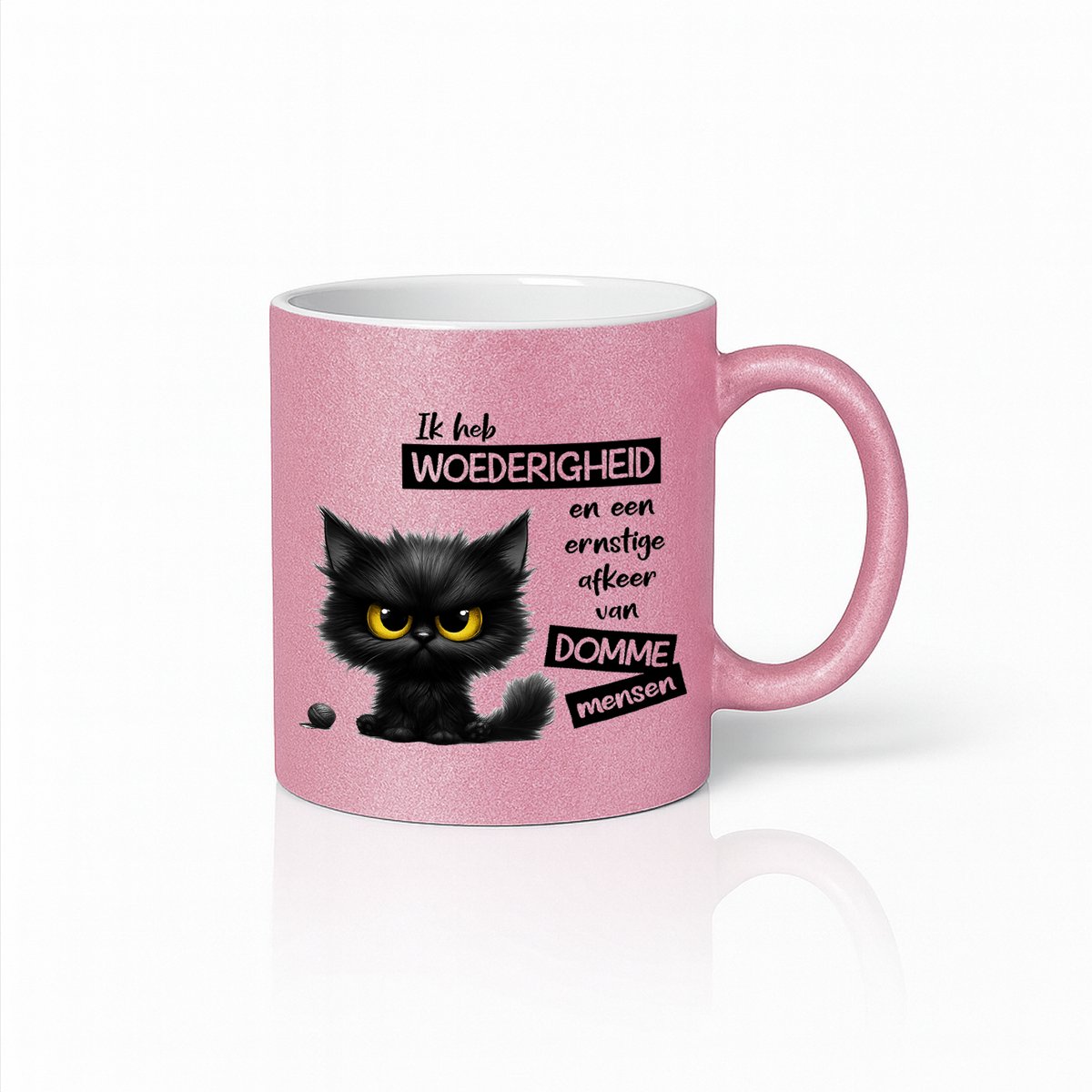 Roze Glitter Mok 330 ml – Grappige Boze Kat Mok met Quote “Afkeer van Domme Mensen”