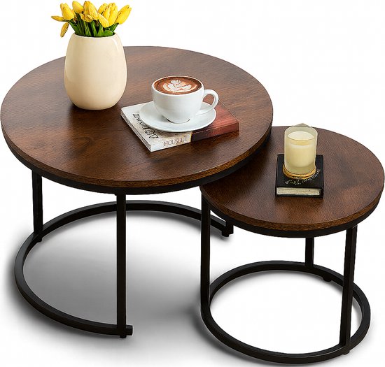 Table basse Bart Set de 2 Ronde - Ø60 / Ø 40 cm - Table basse ou Table d'appoint - Bois MDF Noyer Brun