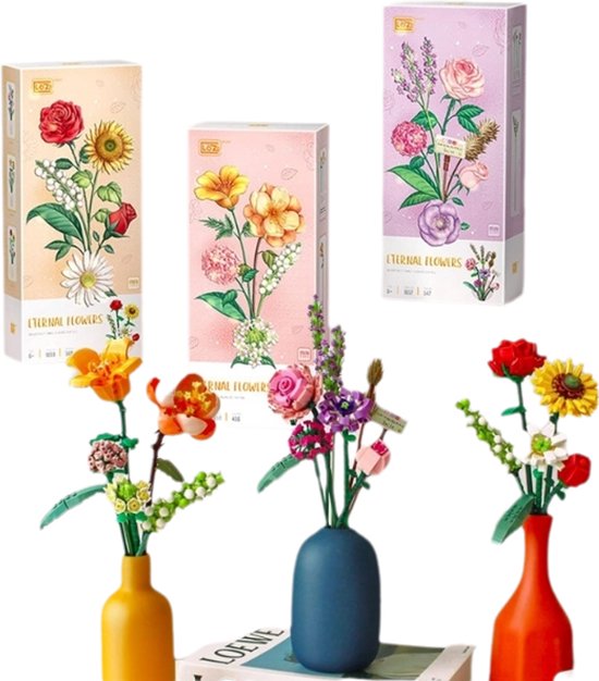 JeiibrZui Bloem Lego - Ensemble de construction Fleurs - Trois Bouquets uniques avec rose, tournesol et lys - 1 Set - Pour les amis et la famille dans un design coloré
