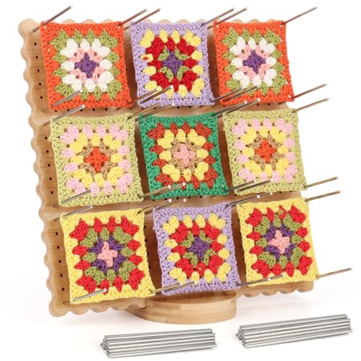 Blokbord voor Granny Square 29 x 29 cm – Houten Koekjesvorm met Roestvrijstalen Staafstiften voor Haken en Breien
