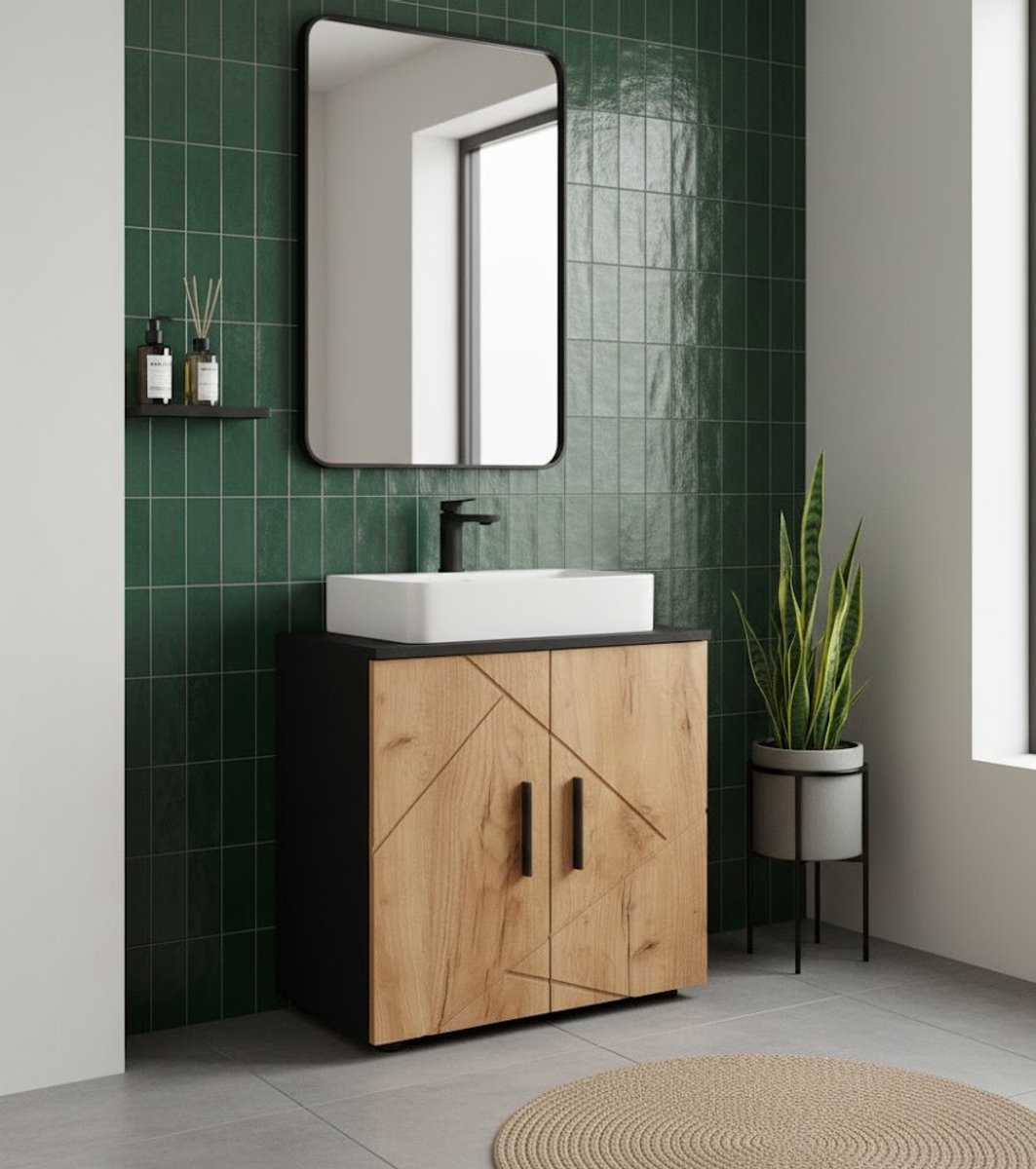 Luxe Wastafelkast “Irma Deluxe” – Antraciet & Eiken – Modern Badkamermeubel met 2 Deuren, Opbergruimte & Sifonuitsparing – 60x30x59 cm – MDF & Spaanplaat – Elegante Onderkast voor Wastafel – Stijlvol & Functioneel Design