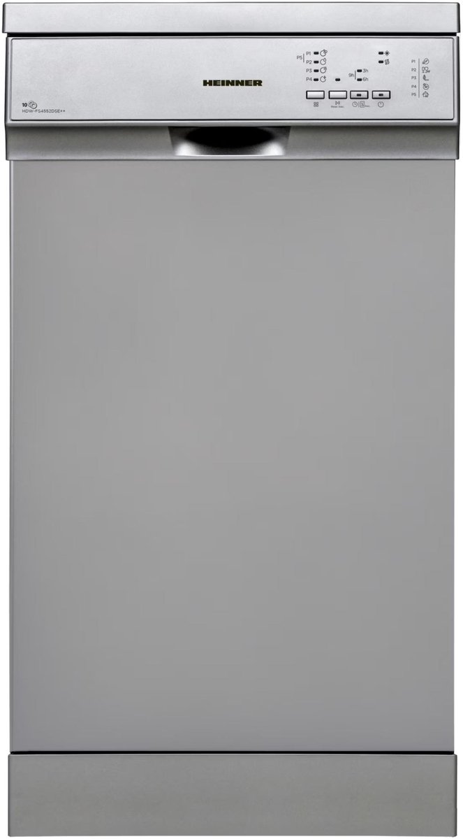 Heinner HDW-FS4552DSE++ Vrijstaand Vaatwasser – 10 Couverts – 5 Programma’s – LED Display – AquaStop – Zilver – 5 Jaar Garantie