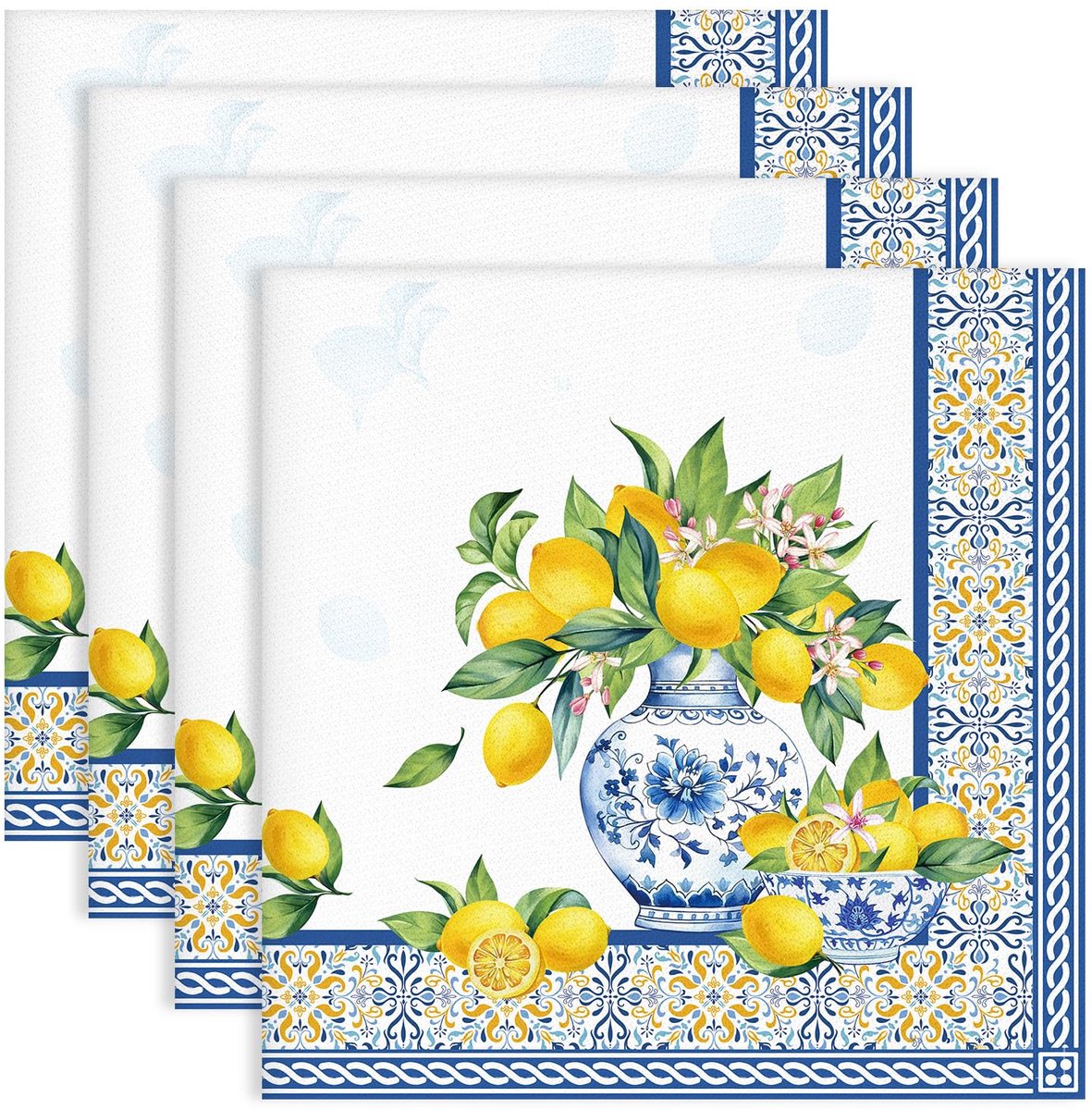Ibenzoa® Set van 4 decoratieve katoenen servetten met blauwe citroenprint voor tafeldecoratie