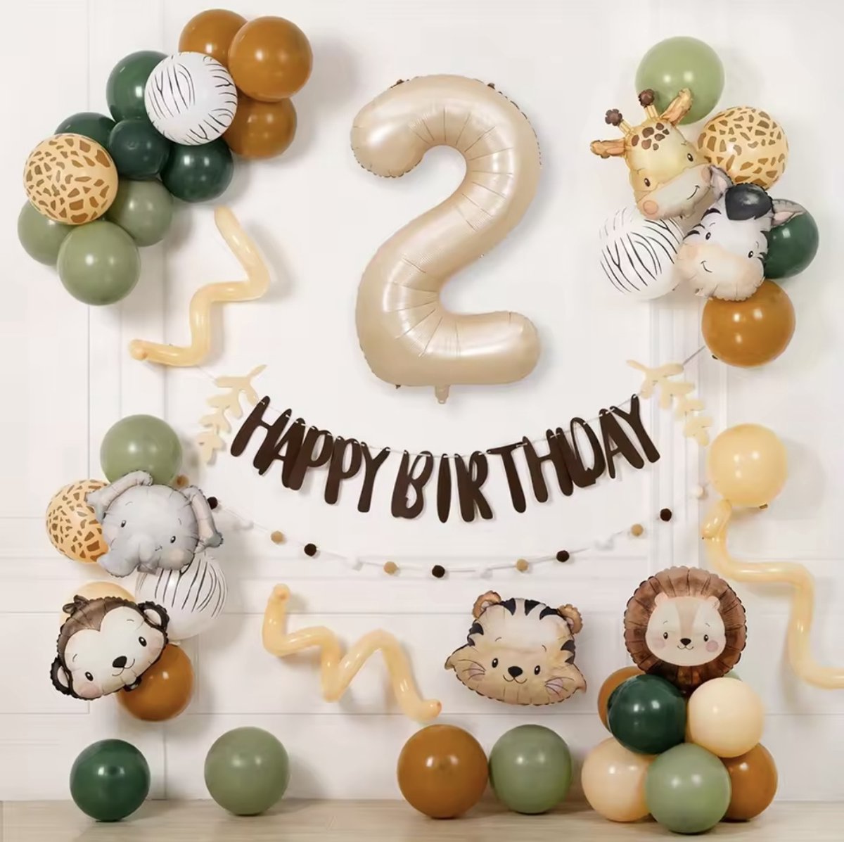 Jungle Verjaardagsdecoratie Set – 55-delige Ballonnen Set met Dieren Thema – Happy Birthday Slinger, Giraffe & Leeuw Ballonnen – 2 Jaar Feestversiering – Kinderfeest Jungle Thema – Groen, Bruin & Goud