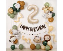 Jungle Verjaardagsdecoratie Set – 55-delige Ballonnen Set met Dieren Thema – Happy Birthday Slinger, Giraffe & Leeuw Ballonnen – 2 Jaar Feestversiering – Kinderfeest Jungle Thema – Groen, Bruin & Goud