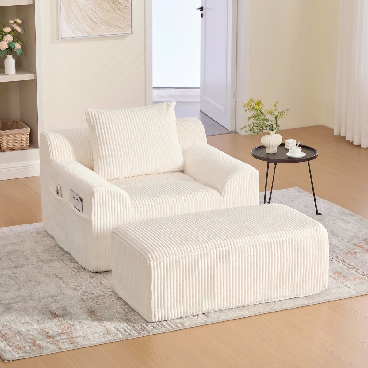 PHOEBE CAT Fauteuil - Met hocker - Enkele bank - Kussen - Corduroy - Geen montage nodig - Beige