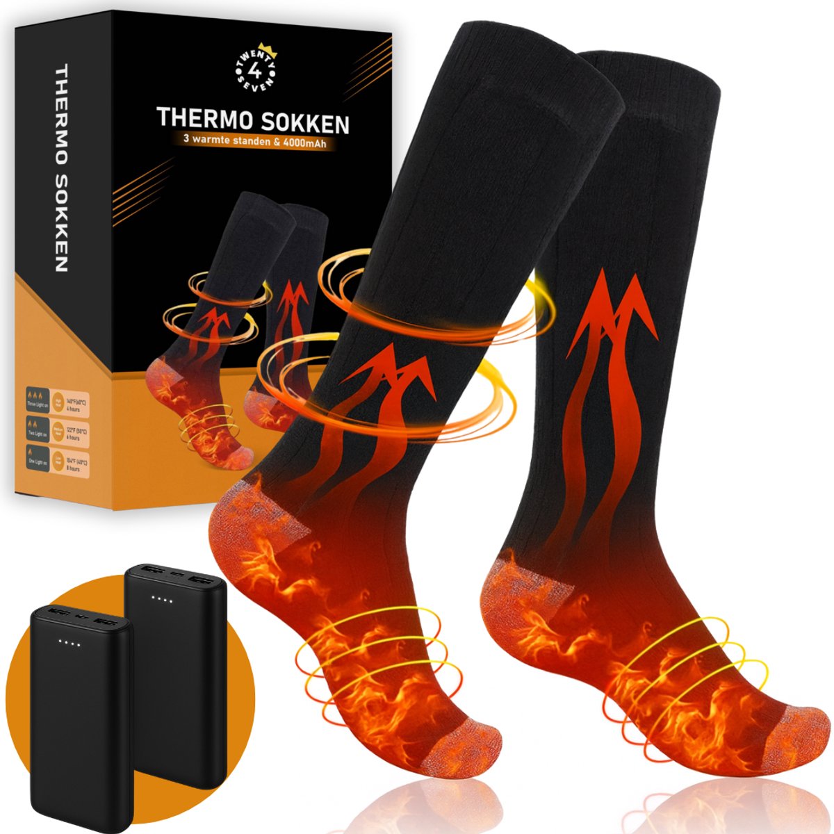 Twenty4seven® Verwarmde Sokken – Maat 38 t/m 44 – Elektrische Sokken – Thermosokken – 3 Warmtestanden USB Oplaadbaar & 4000mAh Batterij