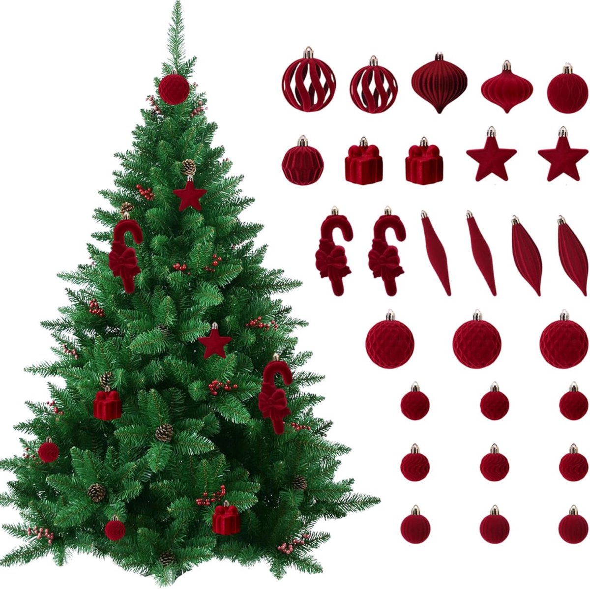 Kerstversieringsset van 28 stuks - onbreekbaar fluwelen kerstboomversiering voor in de boom - decoratie voor feestdagen - wijnrood. – foto 6