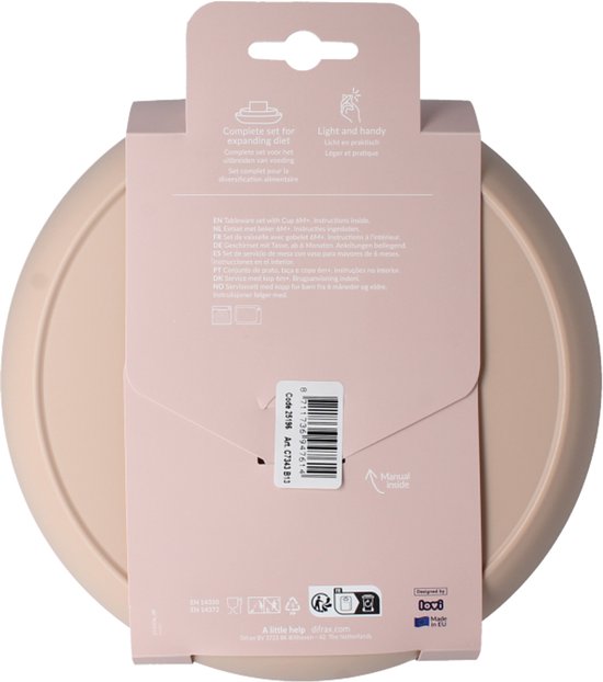 Service de table rose Difrax LOVI - Assiette, Kom et tasse ouverte - 6 mois et plus - Sans BPA, passe au micro-ondes et au lave-vaisselle