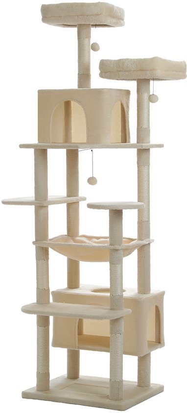 Beige kattenkrabpaal met meerdere verdiepingen, huisjes, mandjes en klimpalen.