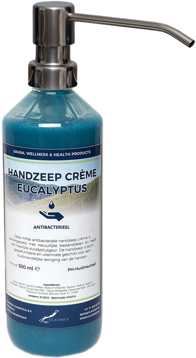 Handzeep Crème Eucalyptus 500 ml - met gratis RVS zilverkleurige pomp