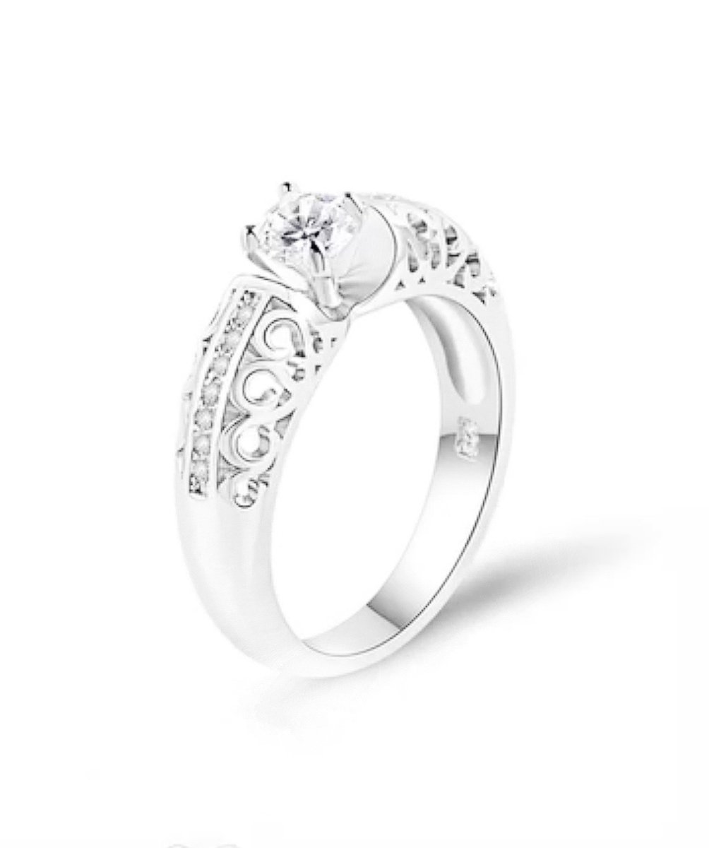Zilveren 925 Ring Dames met Zirconia Steen – Klassieke Verlovingsring met Filigraan Design