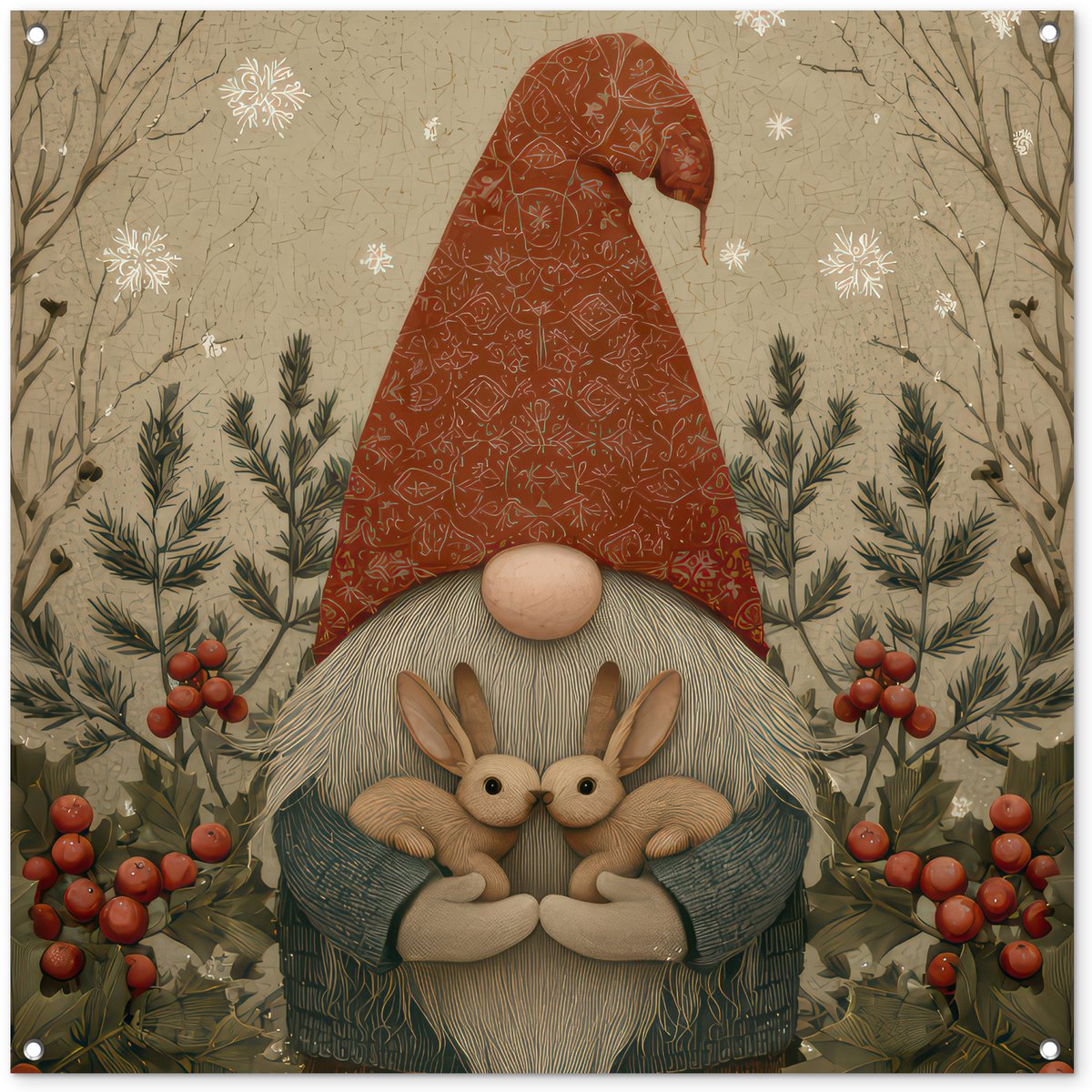 Tuinposter met kleurrijke Kerstgnome en konijntjes - Buiten decoratie.