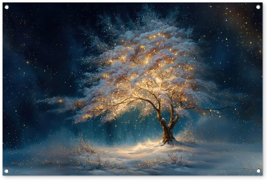 Affiche de jardin 120x80 cm - Décoration de jardin Arbre de Vie - Nuit - Sombre - Blauw - Affiche pour le jardin - Décoration extérieure - Tableau pour clôture de jardin - Décoration murale sur toile pour jardin - Décoration murale pour balcon