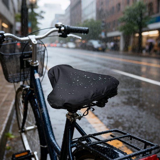 Zwarte waterdichte zadelhoes met waterdruppels op een fiets in de regen op straat.